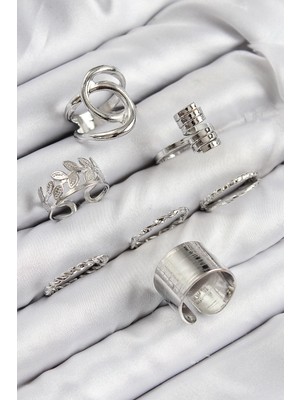 İsmiyle Al Pirinç Yaprak Model Gümüş Renk Kadın Yüzük Kombin Set