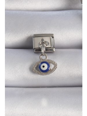 İsmiyle Al 316L Çelik Gümüş Renk Sallantılı Göz Figür Nazar Boncuk Detay Nomination Charm