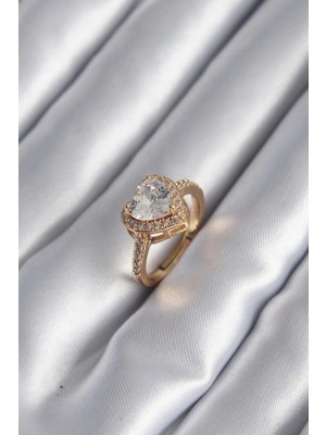 Luz&Pos Pirinç Gold Renk Zirkon Taşlı Kalp Charm Model Kadın Yüzük