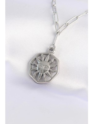 İsmiyle Al 316L Çelik Zincir Gümüş Renk Güneş Kolye