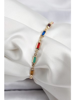 İsmiyle Al Pirinç Gold Renk Karışık Renkli Kare Zirkon Taşlı Kadın Bileklik