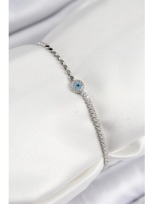 İsmiyle Al Pirinç Zirkon Taşlı Nazar Model Ezme Zincir Gümüş Renk Kadın Bileklik