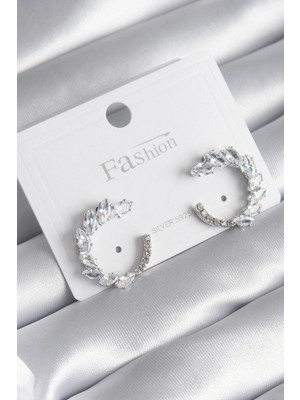 Luz&Pos Pirinç Gümüş Renk Zirkon Taşlı Kadın Küpe