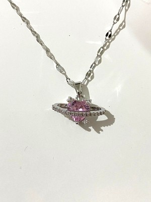 Atalya Accessory Aşk Gezegeni Gümüş Renk Pembe Kalpli Kadın Kolye - Pembe Taşlı Aşk