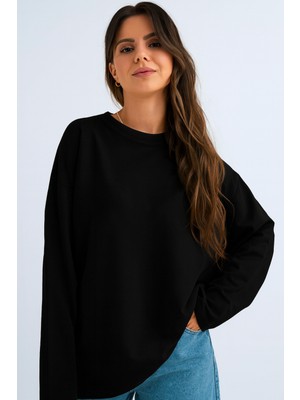 Guaraz Kadın Relax Fit Rahat Kesim %100 Pamuk Uzun Kollu Bisiklet Yaka Basic Tişört