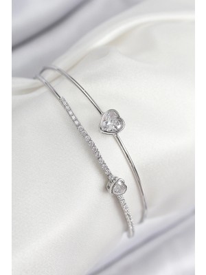 İsmiyle Al Pirinç Zirkon Taşlı Kalp Model Gümüş Renk Kadın Bileklik