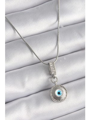 İsmiyle Al 316L Çelik Gümüş Renk Zirkon Taşlı Nazar Boncuk Model Kadın Kolye
