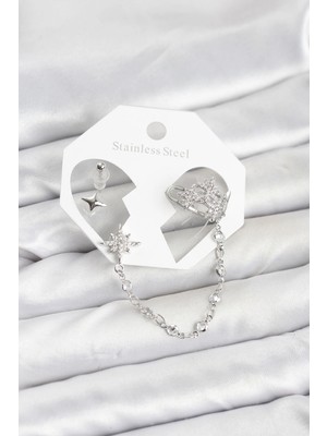 İsmiyle Al Kutup Yıldızı Model Pirinç Gümüş Renk Zincir Bağlantılı Ear Cuff Küpe Seti