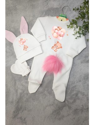 Moda Lime Balonlu Ayıcık Baskılı Bebek Tulum Seti – Organik Pamuk – Kız Bebek