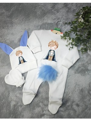 Moda Lime Tavşan Kulaklı Ponponlu Isme Özel Baskılı Bebek 3 Lü Tulum Seti