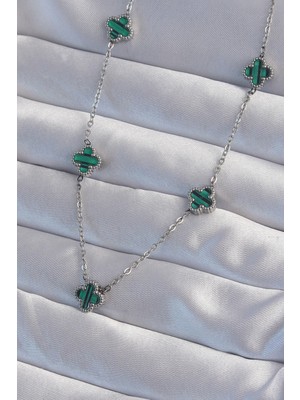 İsmiyle Al 316L Çelik Gümüş Renk Minimal Yeşil Mineli Yonca Kolye