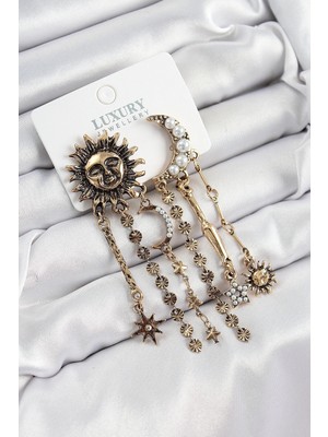 İsmiyle Al Pirinç Zirkon Taşlı Güneş ve Ay Figürlü Eskitme Model Sallantılı Küpe