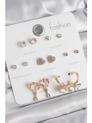 İsmiyle Al Pirinç Gold Renk Zirkon Taşlı Sallantılı Kalp Figür Kelebek Detay 7 Çift Kadın Küpe Seti