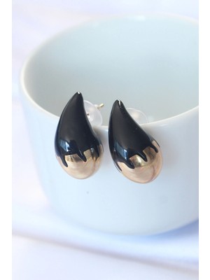 İsmiyle Al Minimal Siyah Mineli Çift Renk Damla Küpe