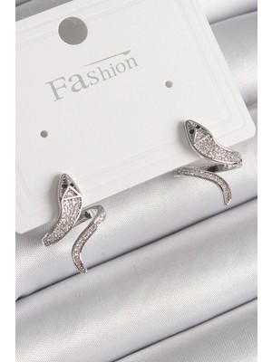 İsmiyle Al Pirinç Gümüş Renk Zirkon Taşlı Yılan Model Kadın Küpe