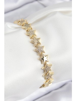 İsmiyle Al Vıp Pirinç Zirkon Taşlı Yıldız Model Gold Renk Kadın Bileklik