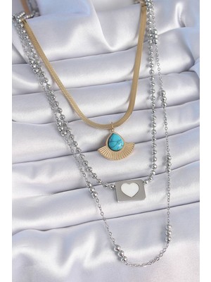 İsmiyle Al 316L Çelik Mix Renk 3'lü Zincir Damla Madalyon Figür Uzun Kadın Kolye