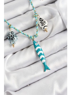 İsmiyle Al Seramik Motifli Balık Figürlü Model Mavi Ip Kadın Kolye