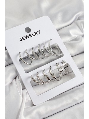 İsmiyle Al Pirinç Karışık Halka Model Gümüş Renk 6 Çift Kadın Küpe Set