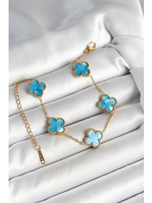 İsmiyle Al 316L Çelik Sedefli Gökyüzü Mavisi Gold Renk Yonca Kadın Bileklik