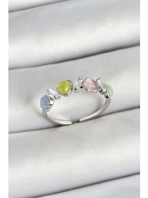 İsmiyle Al Pirinç Sıralı Kalp Figürlü Zirkon Taşlı Gümüş Renk Ayarlanabilir Kadın Yüzük