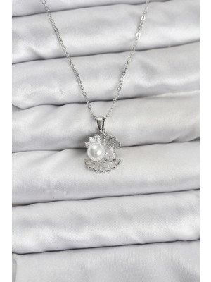 İsmiyle Al 316L Çelik Zincir Gümüş Renk Istiridye Inci Model Zirkon Taşlı Kadın Kolye