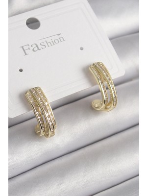 İsmiyle Al Pirinç Gold Renk Zirkon Taşlı Yarım Halka Model Kadın Küpe