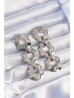 İsmiyle Al Pirinç Gümüş Renk Oval Ayna Model Sallantılı Küpe