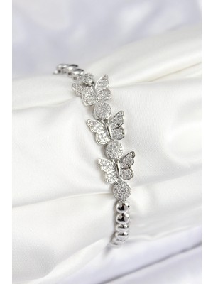 İsmiyle Al Pirinç Zirkon Taşlı Kelebek Model Gümüş Renk Kadın Bileklik