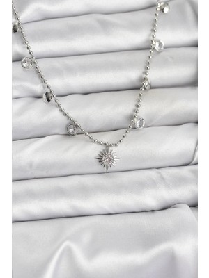 İsmiyle Al Zirkon Taşlı Kutup Yıldızı Model Pirinç Gümüş Renk Kadın Kolye