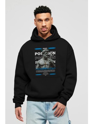Ankhises Poseidon 3 Mitoloji Ön Baskılı Siyah Hoodie Oversize Kapüşonlu Sweatshirt Erkek Kadın