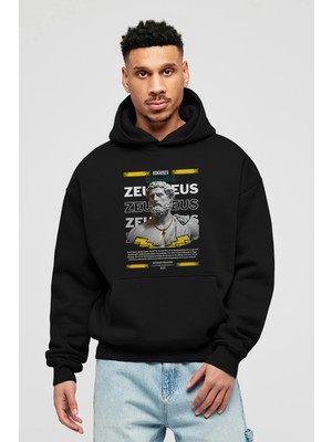 Ankhises Zeus 2 Mitoloji Ön Baskılı Siyah Hoodie Oversize Kapüşonlu Sweatshirt Erkek Kadın