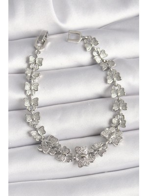 İsmiyle Al Pirinç Gümüş Renk Zirkon Taşlı Kelebek Model Zincir Kadın Bileklik