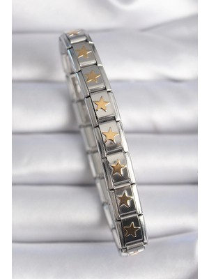 İsmiyle Al 316L Çelik Gümüş Renk Gold Yıldız Işleme Nomination Charm Bileklik