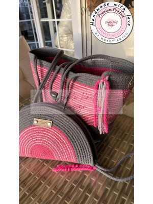 Double Knot Design Bella 2li Takım Plaj Çantası , El Çantası Clutch, Totebag, Kadın, Yazlık,
