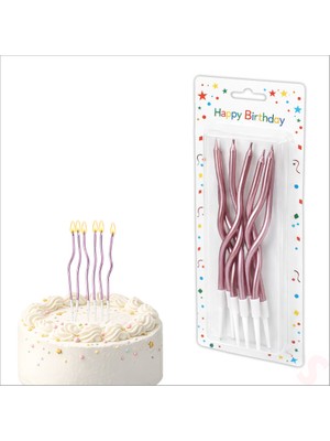 Süsle Bebek ve Parti Pembe Metalik Krom Renkli Spiral Pasta Mumu 14 cm - 6 Adet