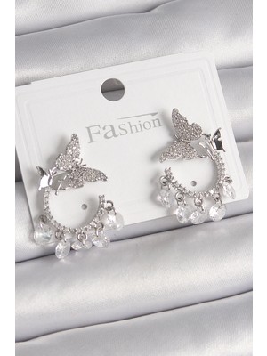 İsmiyle Al Pirinç Gümüş Renk Zirkon Taşlı Sallantı Detay Kelebek Model Kadın Küpe