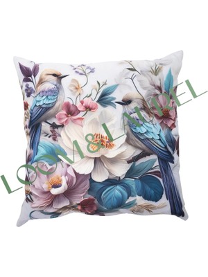 Loom & Laurel İçi Dolu Krep Örgü Üzerine Dijital Baskılı Kırlent 45x43 cm | Çiçekli Kuş Desenli Dekoratif Yastık