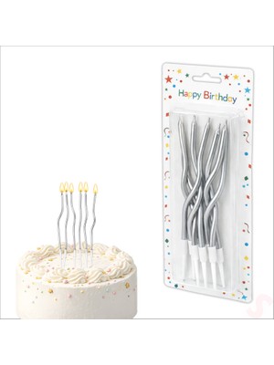 Süsle Bebek ve Parti Gümüş Metalik Krom Renkli Spiral Pasta Mumu 14 cm - 6 Adet
