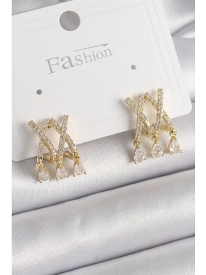 İsmiyle Al Pirinç Gold Renk Zirkon Taşlı x Model Sallantı Detay Kadın Küpe