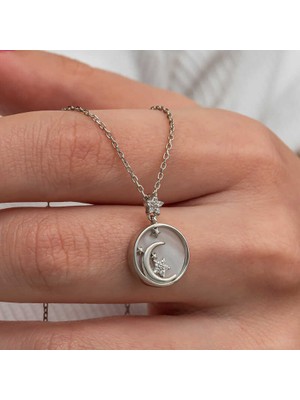 Tienda Elegante Gümüş Sedef Taşlı Ay Yıldız Hilal Kadın Kolye