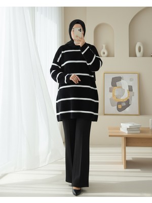 Modamorfo Çizgili Salaş Sakallı Triko Tunik -Siyah