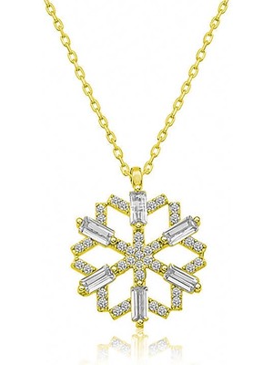 Tienda Elegante Gümüş Gold Baget Taşlı Kar Tanesi Kolye
