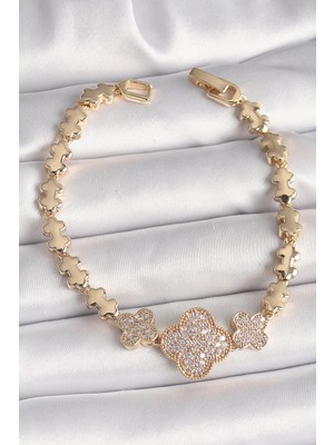 İsmiyle Al Pirinç Gold Renk Zirkon Taşlı Yonca Model Zincir Kadın Bileklik