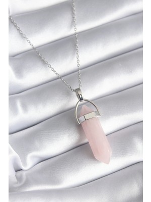 Luz&Pos 316L Çelik Gümüş Renk Pembe Taşlı Kadın Kolye