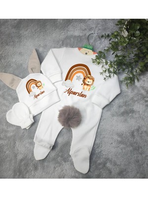 Moda Lime Tavşan Kulaklı Ponponlu Isme Özel Baskılı Gökkuşak Aslan Detaylı Bebek 3 Lü Tulum Seti