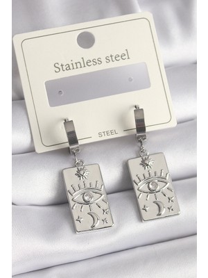 İsmiyle Al 316L Çelik Gümüş Renk Zirkon Taşlı Göz Işleme Detaylı Plaka Model Kadın Küpe