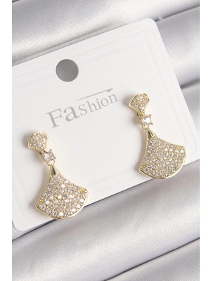 İsmiyle Al Pirinç Gold Renk Zirkon Taşlı Motif Model Kadın Küpe