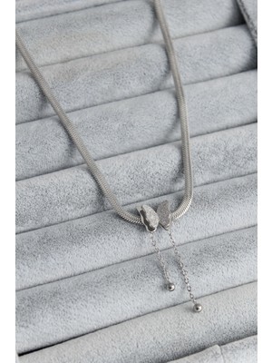 İsmiyle Al 316L Çelik Gümüş Renk Italyan Zincir Model Simli Kelebek Figür Kadın Kolye