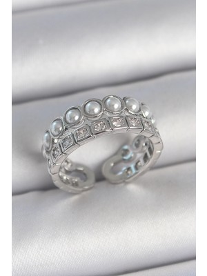 İsmiyle Al Pirinç Gümüş Renk 2'li Sıra Zirkon Taşlı ve Incili Ayarlanabilir Kadın Yüzük